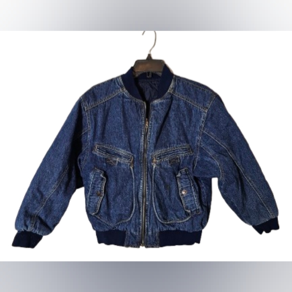 Faded Glory Vintage Blue Denim Bomber Jacket Boys Size Large *See Spot